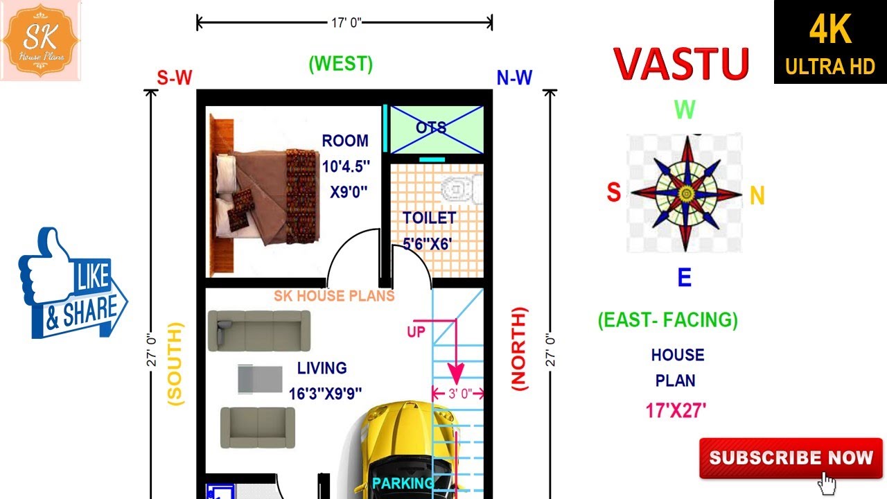 Vastu East Facing House Plan 17' X 27' || 17*27 Ghar Ka Naksha || 17' X ...