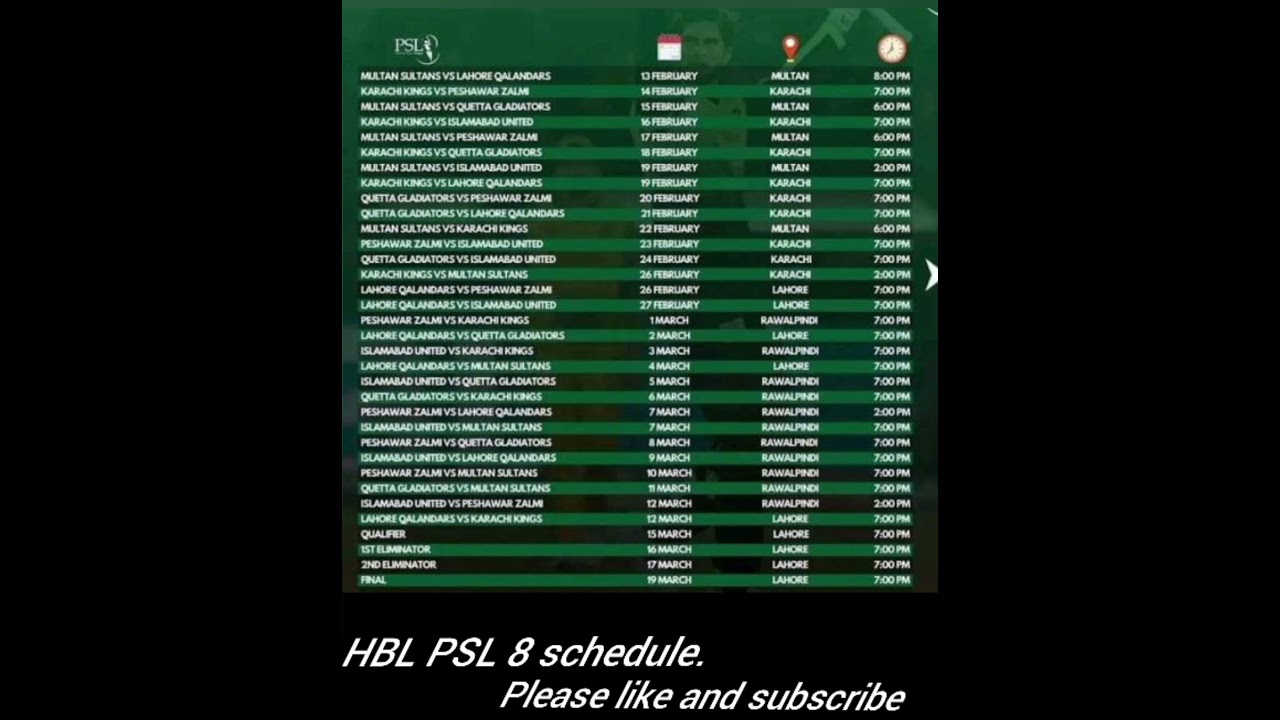 HBL PSL schedule . PSL match times. HBL PSL. 