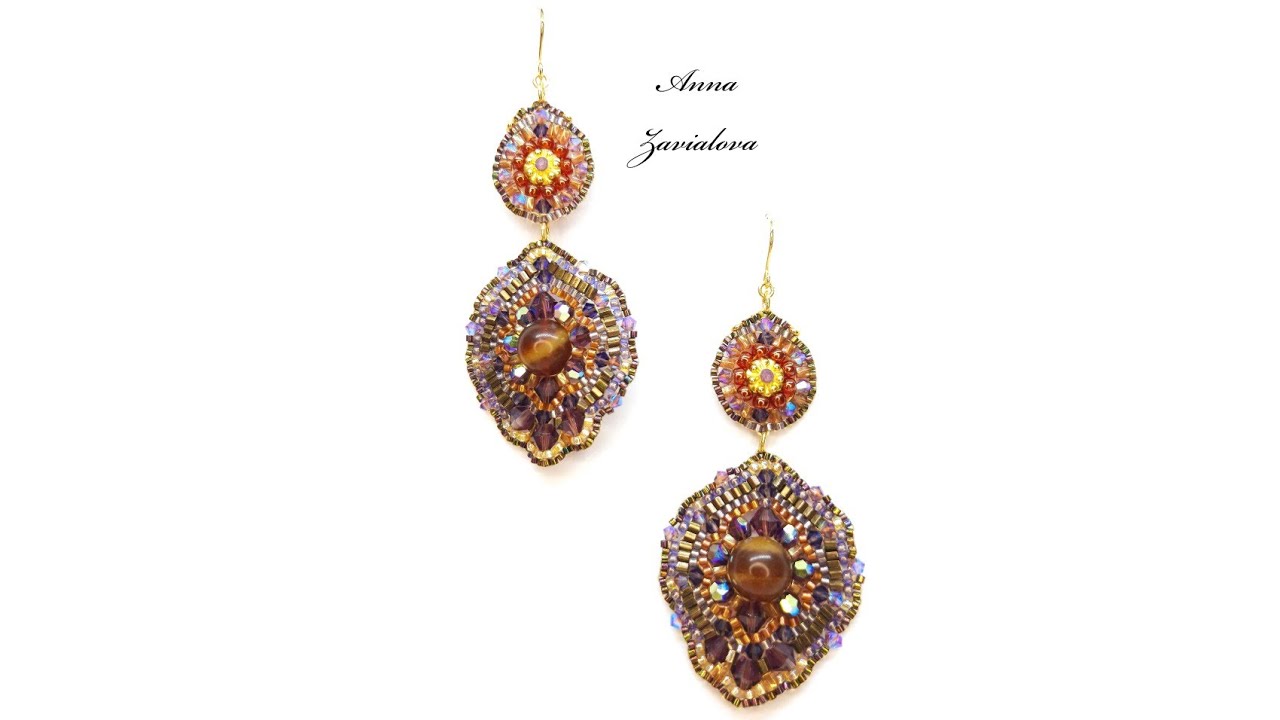 Amber Beaded Drop Earrings with Swarovski. Anna Zavialova. Beadwork jewelry. Brick stitch beading.