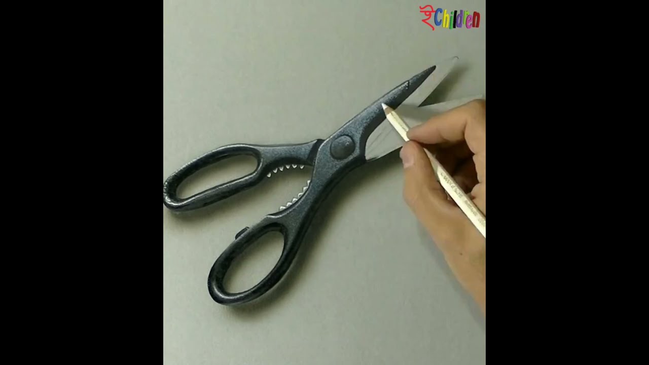 Scissors drawing. realistic scissors drawing. e children.. 