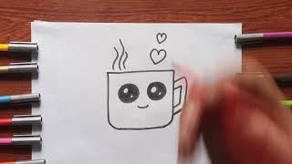 How to draw a cute Tea cup drawing/ easy  cute kids drawing on paper for beginners
