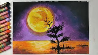 Kolay pastel boya manzara resmi - Easy oil pastel drawing landscape #oilpasteldrawing #pastelboya