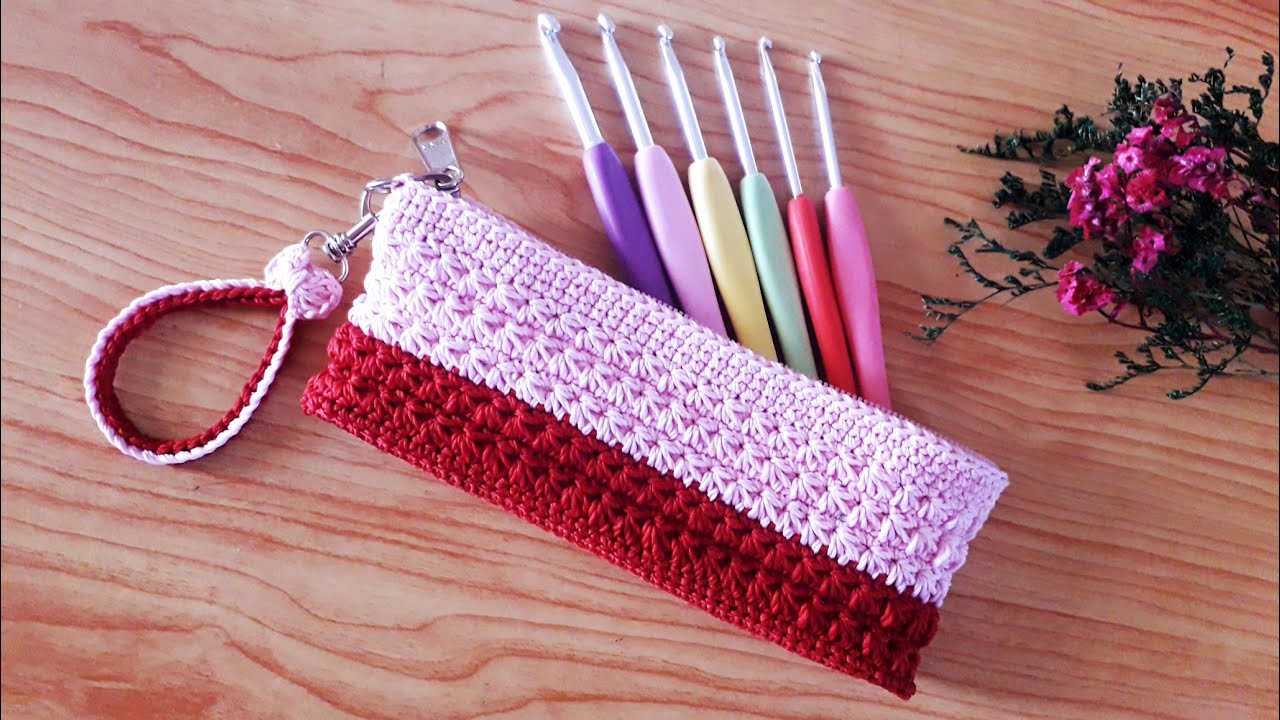 TUTORIAL MEMBUAT DOMPET HOOK-PEN RAJUT | DOMPET PENSIL RAJUT MOTIF MELATI