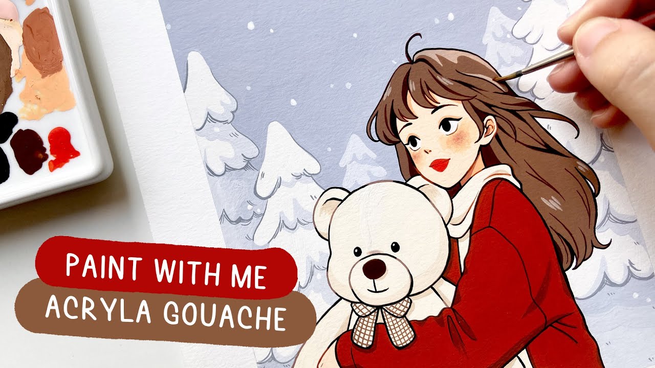 🧸 Paint with me / Relaxing Holbein Acryla Gouache Illustration Process ...