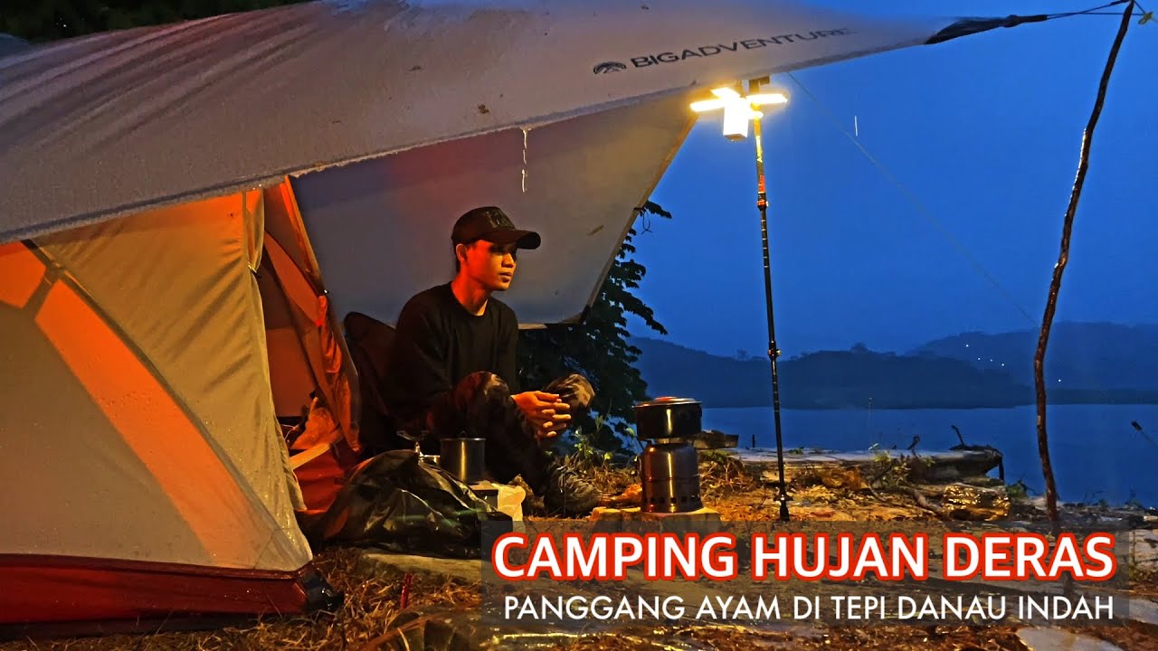 SOLO CAMPING HUJAN DERAS MASAK AYAM DI TEPI DANAU ASMR