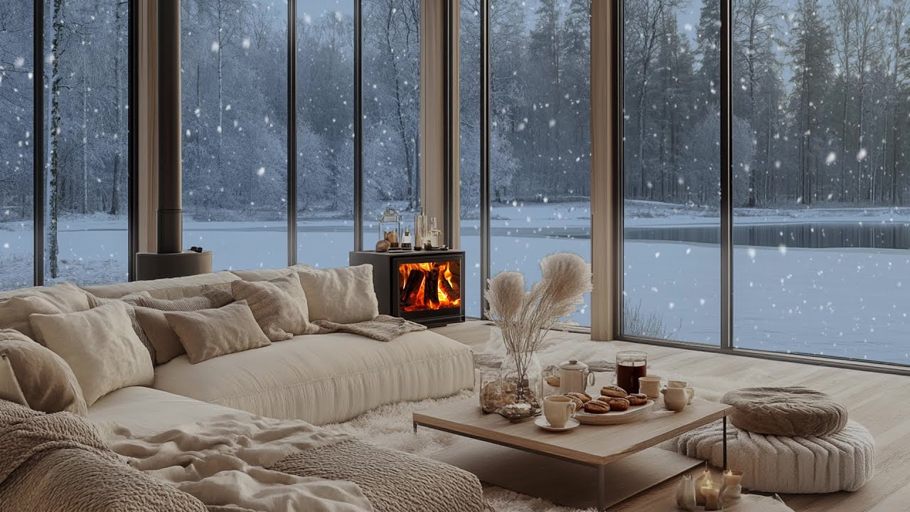 🕯️🎶 Soft Winter Lounge Piano Ambience | Snowfall, Fire & Cozy Flowers ...