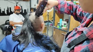 Women headshave Long to bald at barbershop | Long to Bald
