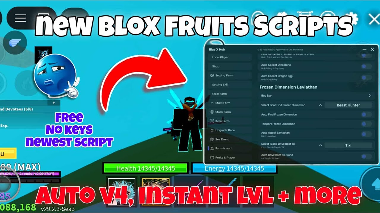 "NEW" Blox Fruit Script NO KEY Blue x Hub! - AUTO FARM, FRUIT SNIPER, AUTO BOUNTY, AUTO RAID & MORE!