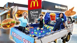 MCD DRIVETHRU MEKDI USING A SWIMMING POOL CAR!! BUY ICE CREAM & FRIED CHICKEN! THE CASHIER IS IN ...
