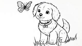 How to Draw a Cute Puppy with Butterfly | Easy Dog Drawing for Beginners