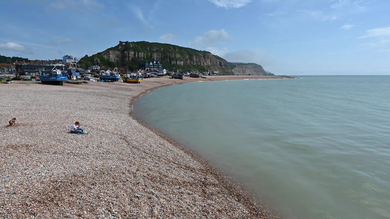 Wide Angle view of Hastings Beach from a breakwater east of the pier.