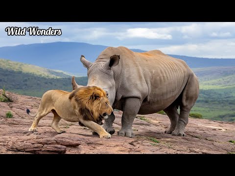 Rhino Stabs At Male Lion With Its Horn