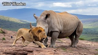 Rhino Stabs At Male Lion With Its Horn