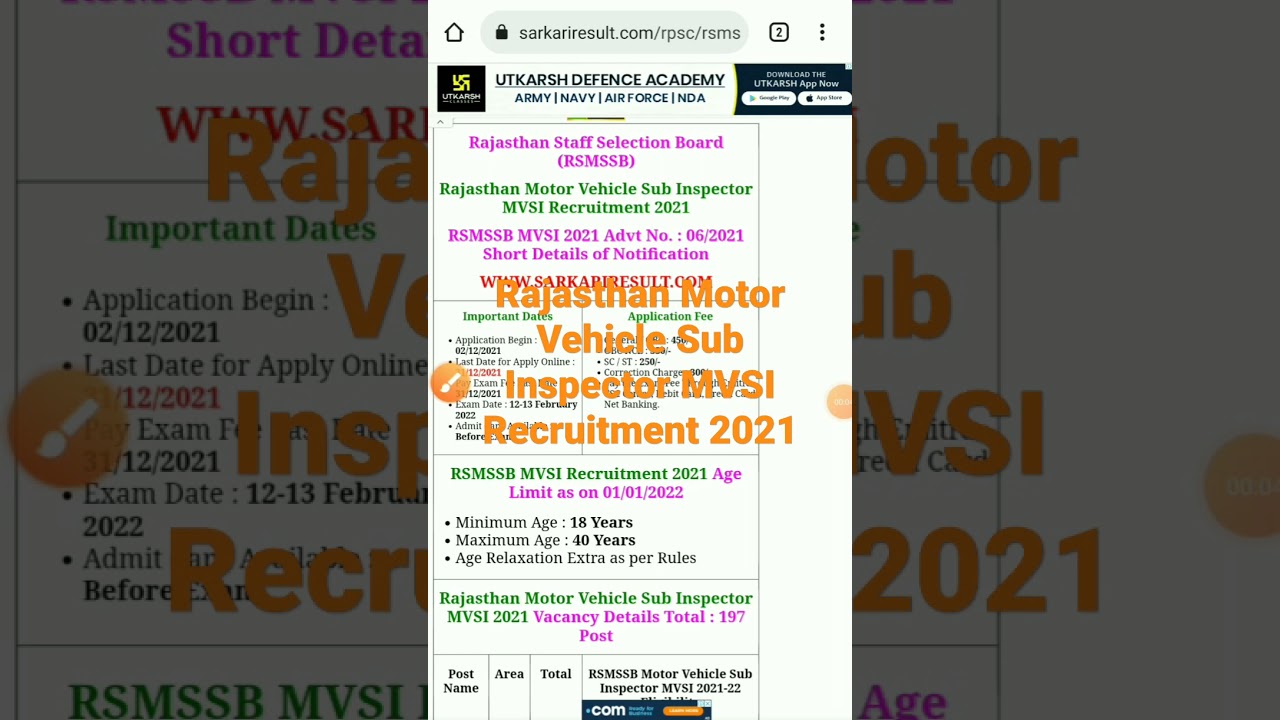 Rajasthan Motor Vehicle Sub Inspector MVSI Recruitment 2021 ! Notification Vacancy ! 