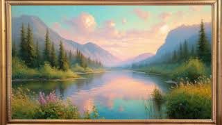 Mountain Lake Framed Ambient Art for Relaxation Soft Piano Background HD Oil Painting Screensaver screenshot 2