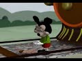 Mickey on the railway picking up stones. Down came the train and broke Mickey&#39;s bones