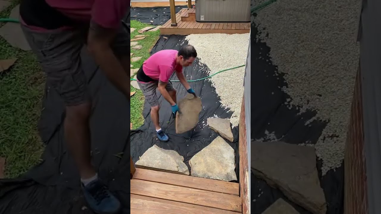 DIY Pea Gravel patio and path #backyarddiy #diypatio #diypath #backyardproject #peagravelpatio