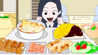 학교급식 먹방 짜장볶음밥, 어묵우동, 닭꼬치 | School Lunch Mukbang Animation