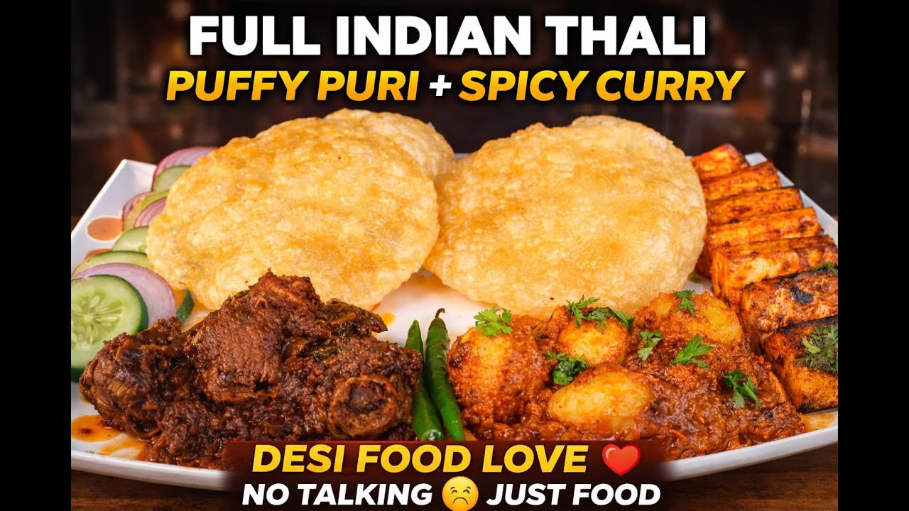 ASMR Full Indian Thali 😍 Puffy Puri, Spicy Curry & Paneer | No Talking Eating l @Allin_one #viral