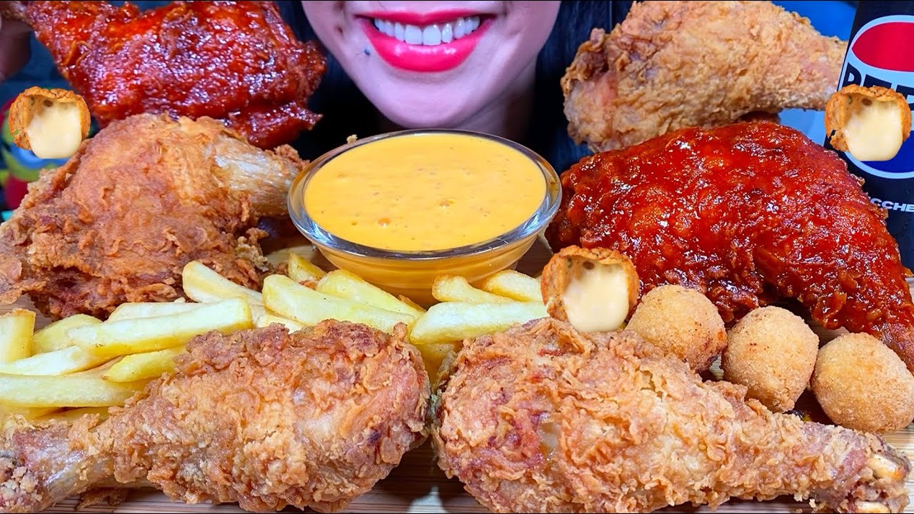 ASMR FRIED CHICKEN, SPICY FRIED CHICKEN, CHEESE BALLS, FRIES MUKBANG MASSIVE Eating Sounds