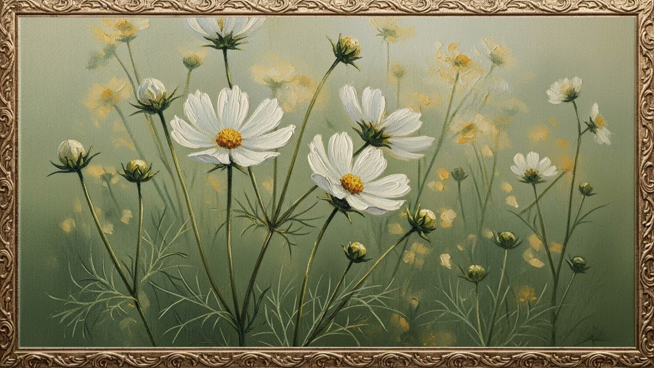White Cosmos in Soft Light – Timeless Vintage Oil Art (4K Display)