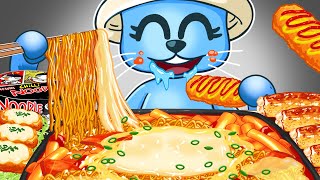 Smurf Cat Mukbang Spicy Noodles, Tteokbokki, Hot Dog | Convenience Store Food | Cartoon Animation