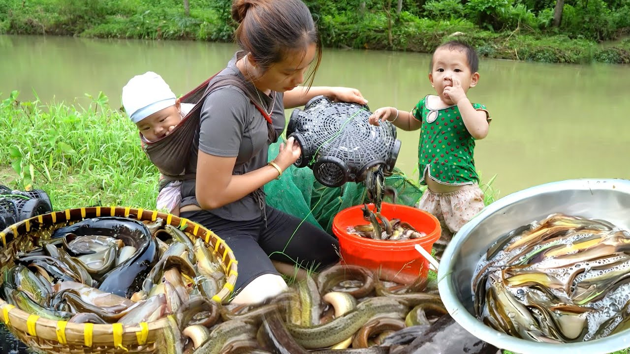 How to Catch giant fish by hand in the wild to sell with single mom ...