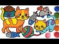 Menggambar Dan Mewarnai Lucu kucing Berdiri dan Anak kucing Untuk Anak-anak | Clay coloring