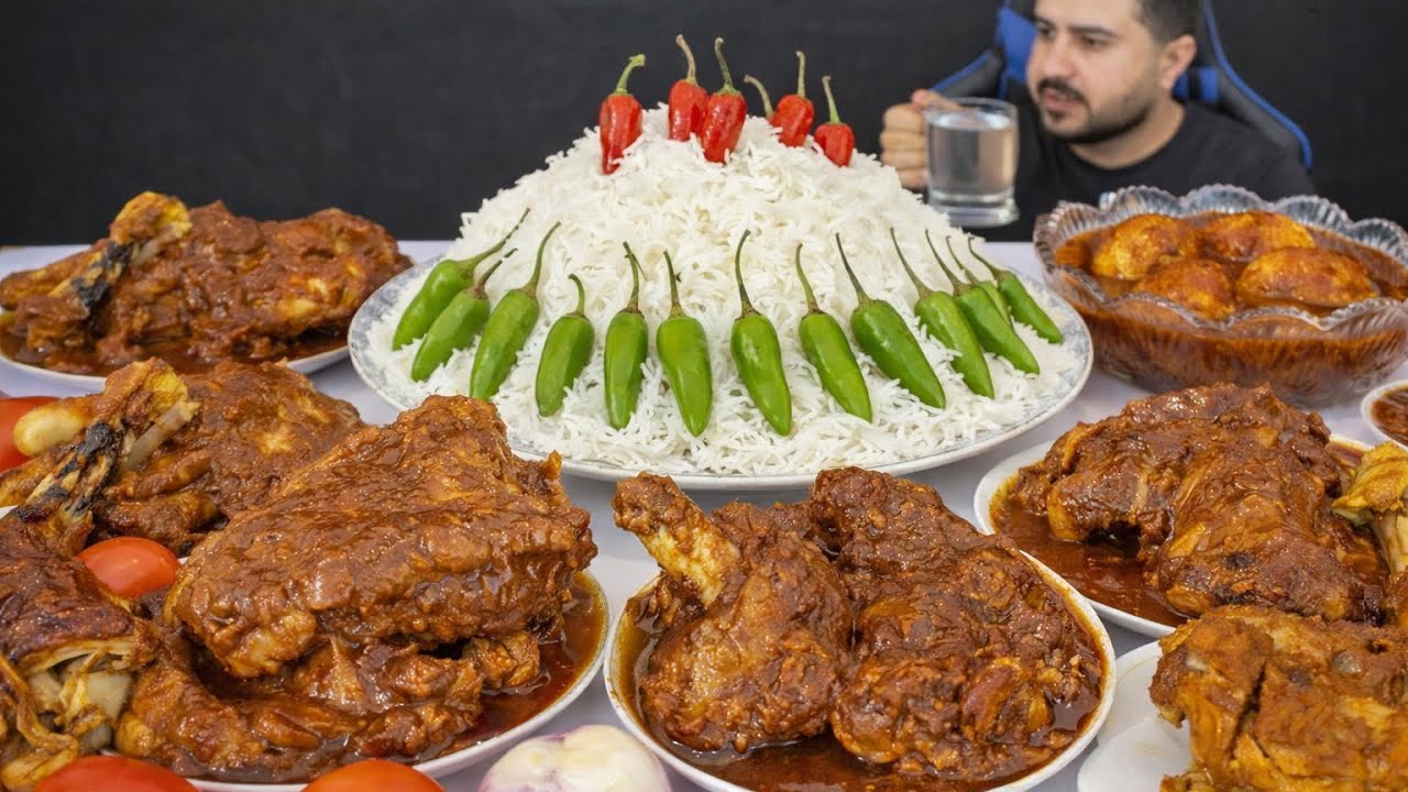 ASMR; Eating Spicy Mutton Curry Chicken Legs Mutton Curry Spicy Eggs Curry Green Chillies    Mukbang