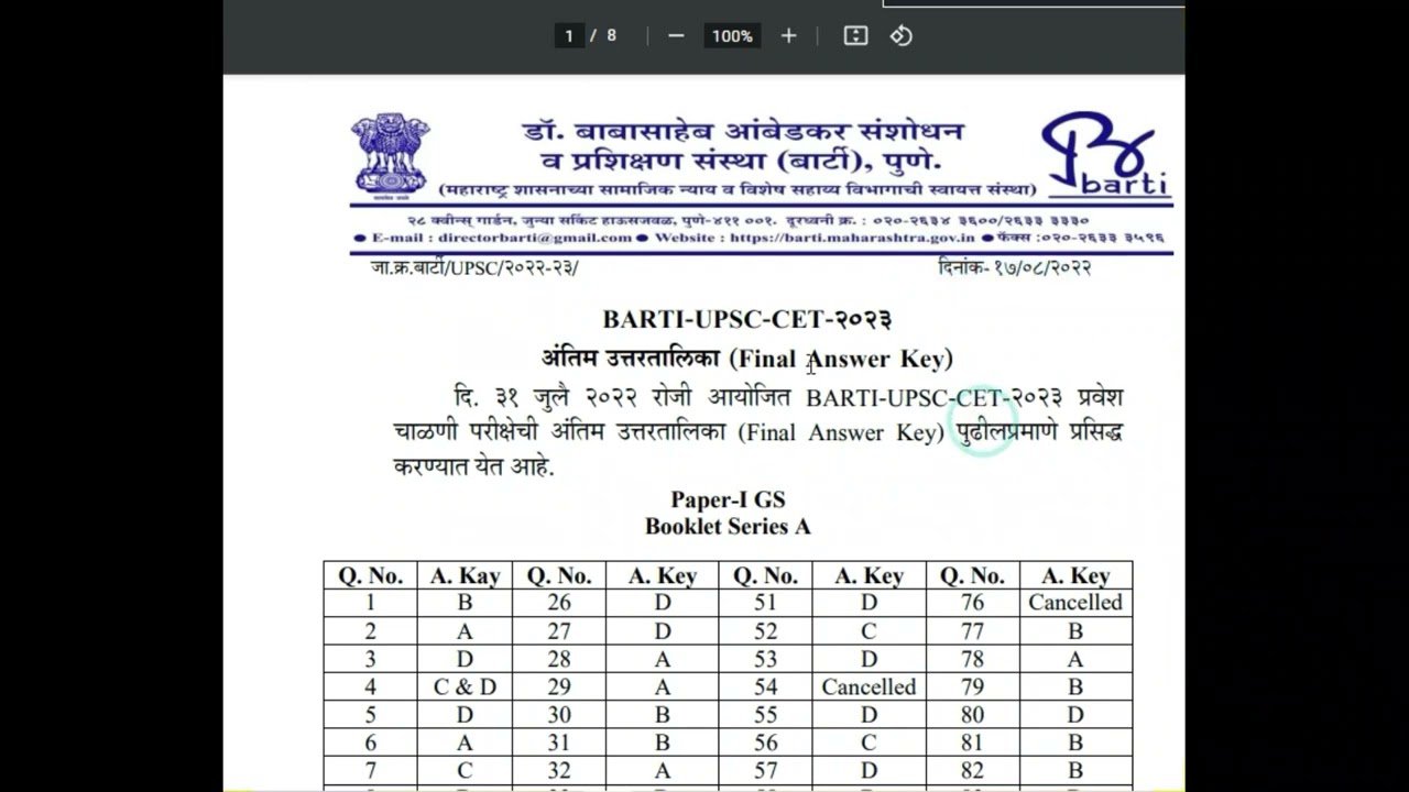 BARTI NEW UPDATE =BARTI UPSC CET 2023 Final Answer Key