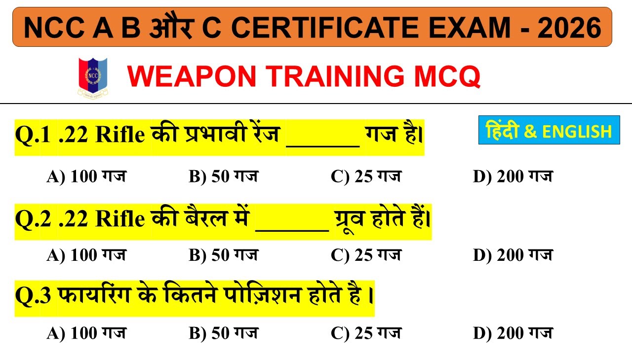 NCC Weapon Training Top MCQ | A, B & C Certificate Exam 2026 | Part-1 (Hindi & English)