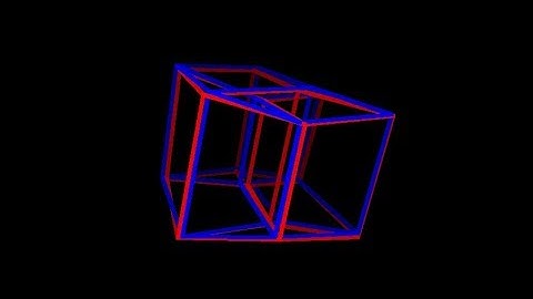 Tesseract-anaglyph. Rotation in four-dimensional space. 4D. Fourth dimension. Hyperspace.