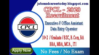 CPCL RECUITMENT JOB 2020 I CPCL APPRENTICESHIP ITI RECRUITMENT 2020 I NO FEES /NO EXAM IAPPLY ONLINE