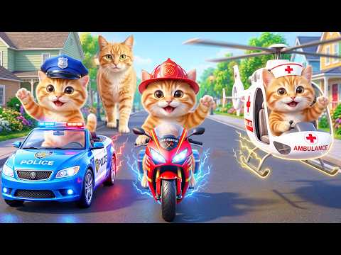Mama Cat Buys Police Car, Fire Bike & Ambulance Helicopter for Kittens! 🚔🏍️🚁