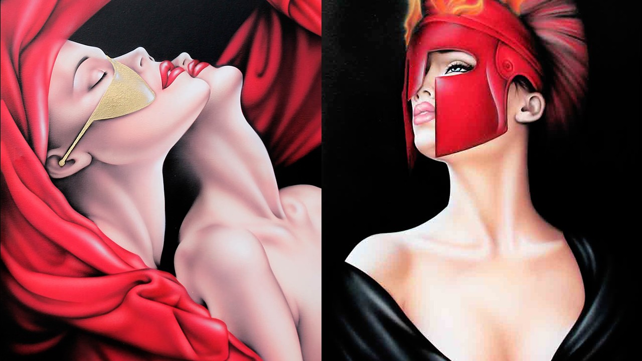 Video di presentazione della collezione di quadri moderni d'autore con ritratti sensuali di donne in maschera realizzati ad aerografo