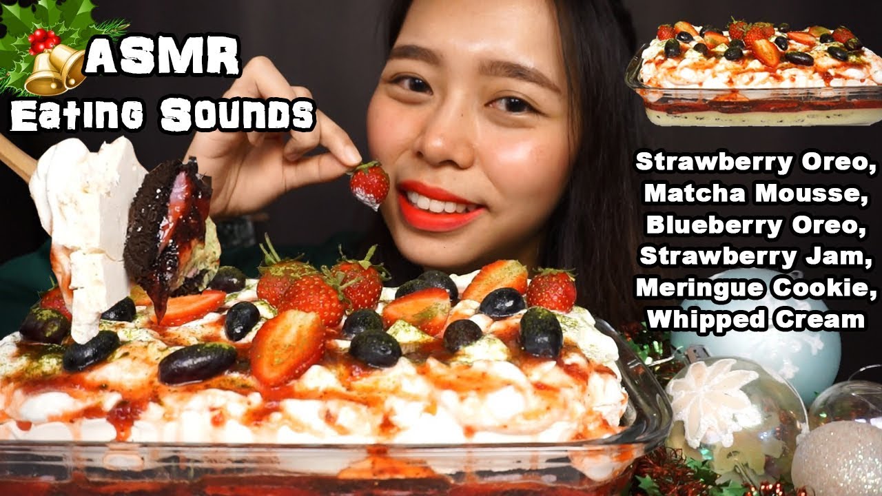 ASMR Oreo Matcha Strawberry Mousse Cake w/ Meringue Cookie | Soft Crunchy Eating Sounds | No Talking