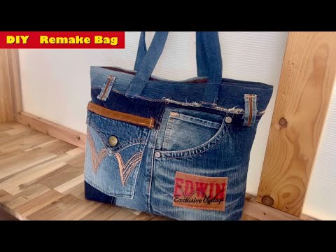 フラアンアンティークリメイク　横型のトートバッグ I made a wild-looking bag using old denim. [Unisex] - YouTube