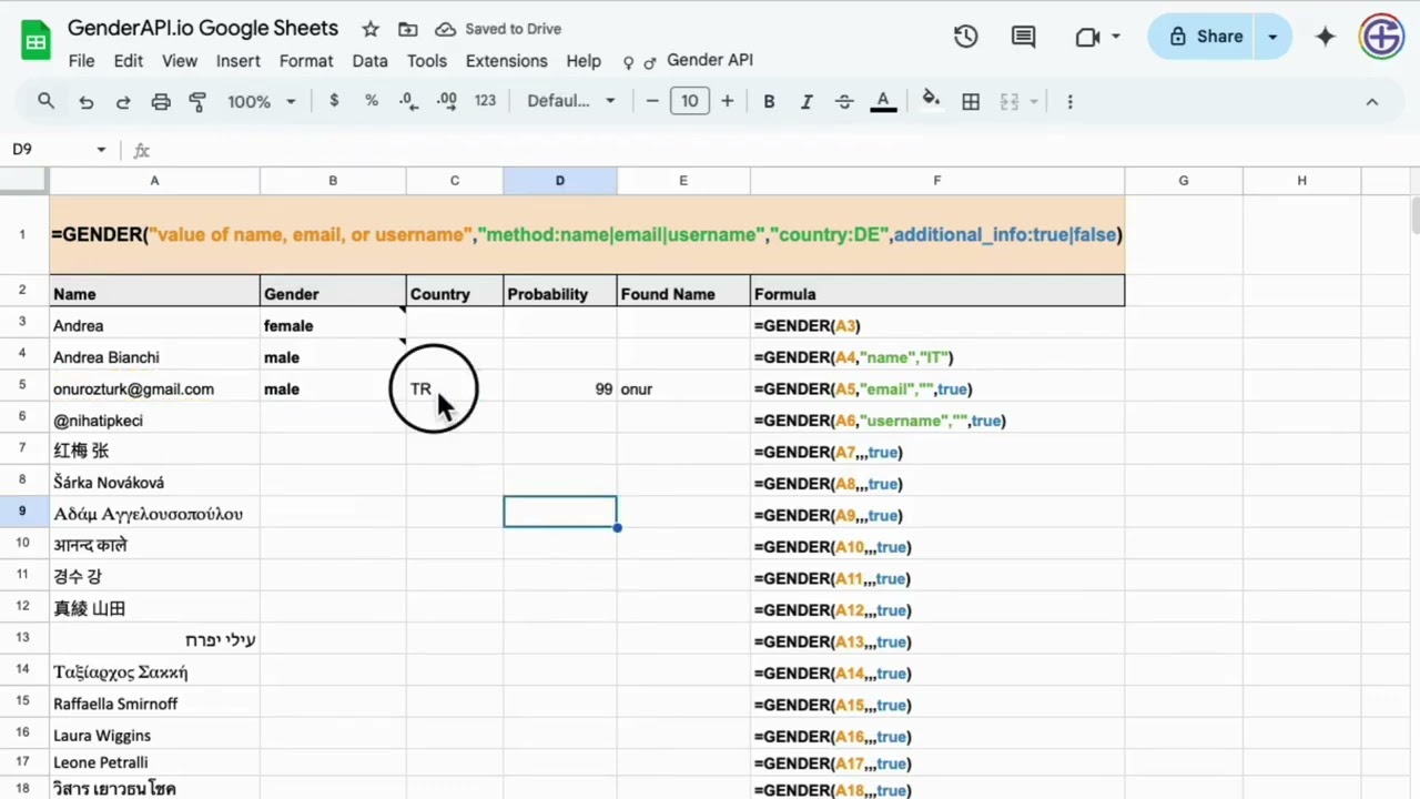 Hoe gebruik je de formule =GENDER(A1) in Google Sheets | Geslacht bepalen via namen en e-mails