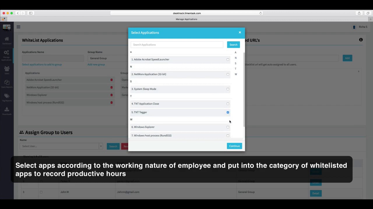 DeskTrack  Add groups for employee as per the work & select application to record productive hours