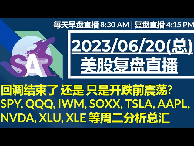 美股直播06/20[复盘] 回调结束了 还是 只是开跌前震荡? SPY, QQQ, IWM, SOXX, TSLA, AAPL, NVDA, XLU, XLE 等周二分析总汇