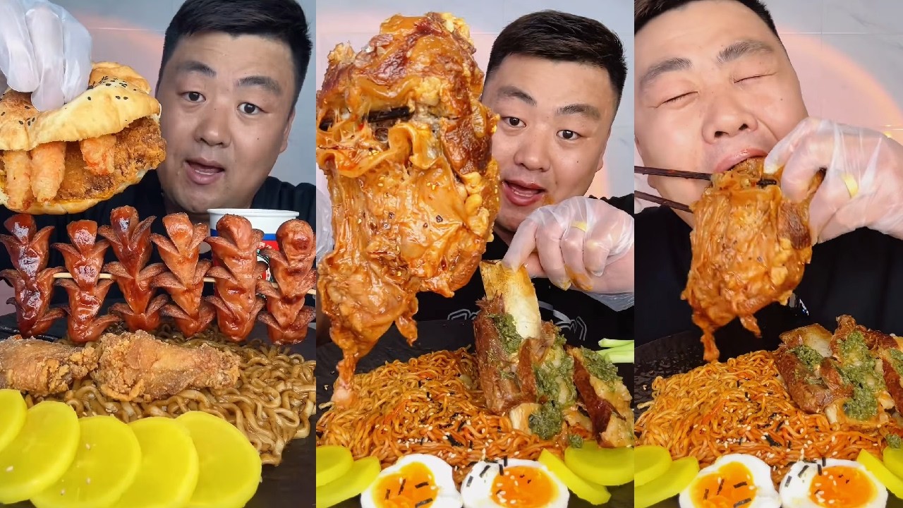 【ASMR】【MUKBANG】Xiaofeng Brother's Challenge: Eating a Burger, Beef Joint, and Spicy Turkey Noodles