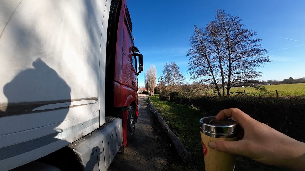 POV truck Driver MERCEDES ACTROS ,France road and MORNING COFFEE /Truck