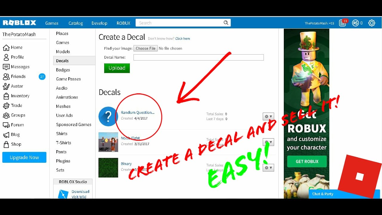 Roblox How To Create And Sell Decals Youtube - roblox how to create and sell decals