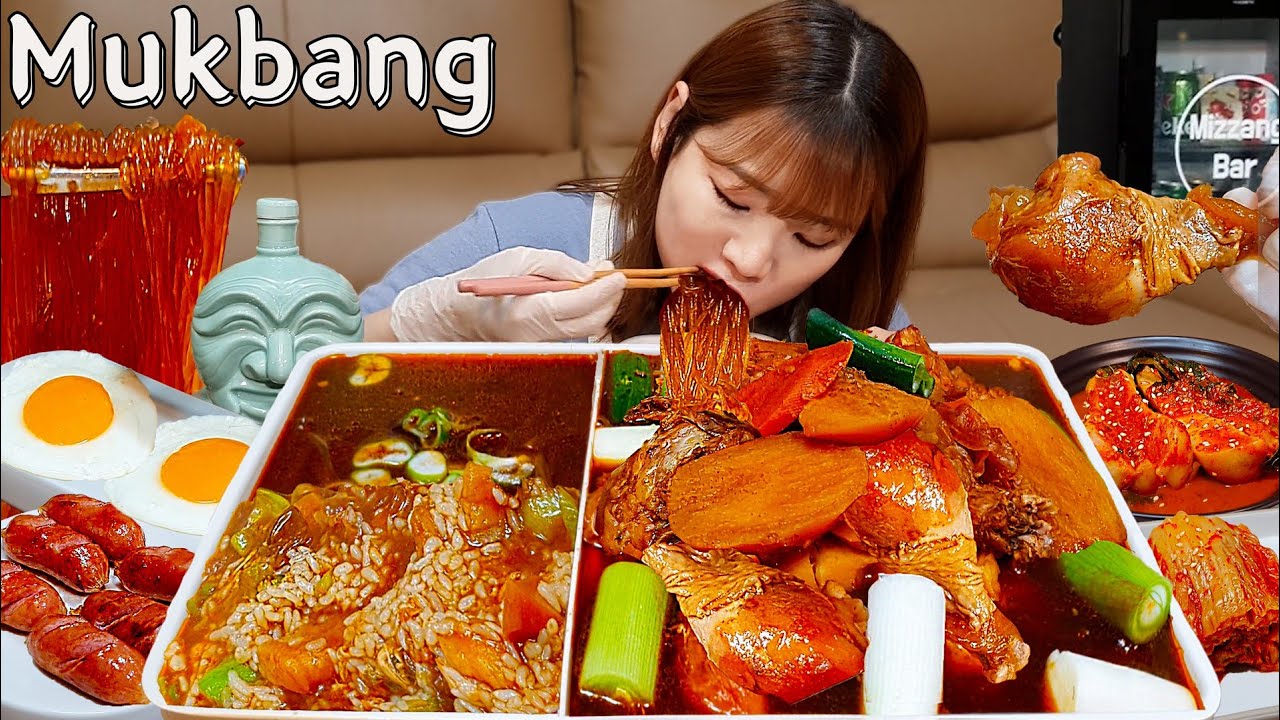 Sub)Real Mukbang- Тушеная острая курица 🍗 Лапша 🍜 Жареный рис 🥘 Яйца, Колбаски 🍳 АСМР КОРЕЙСКАЯ ЕДА