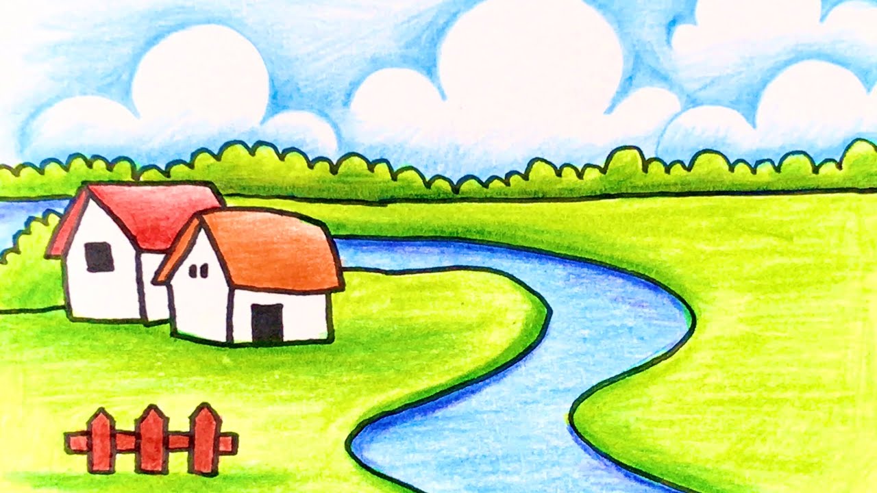 Vẽ Tranh ĐỀ TÀI : PHONG CẢNH đơn giản mà ĐẸP | how to draw beautiful  scenery with crayon - YouTube