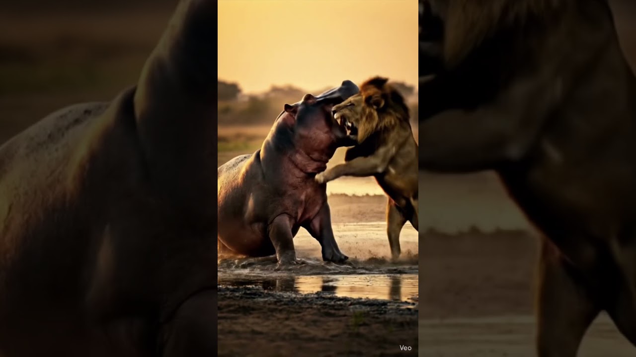Hippo vs Lion Epic Chase | Cinematic AI Wildlife Action