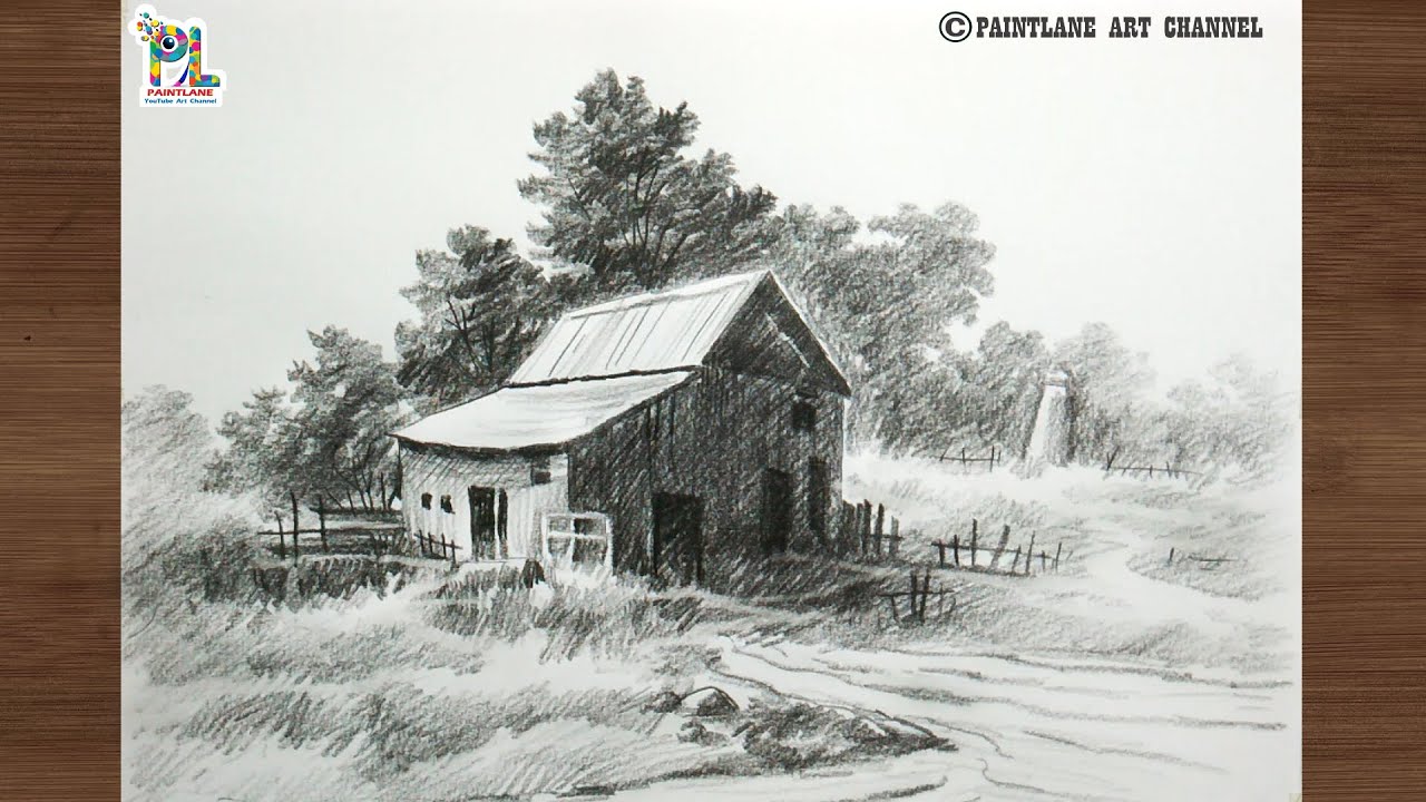 Pencil drawing and shading with wooden house in a landscape art