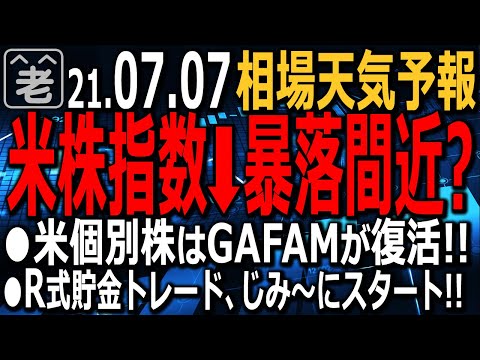 【相場天気予報】独立記念日明けの米市場は流行再拡大の懸念などから波乱含み。ダウは一時400ドルほど下げた。円高も進み日本市場も軟調に。SP500などの指数は買われ過ぎ。反落注意。ラジオヤジの相場解説。