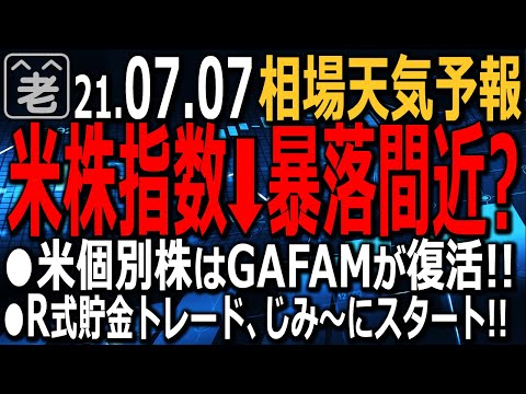 【相場天気予報】独立記念日明けの米市場は流行再拡大の懸念などから波乱含み。ダウは一時400ドルほど下げた。円高も進み日本市場も軟調に。SP500などの指数は買われ過ぎ。反落注意。ラジオヤジの相場解説。