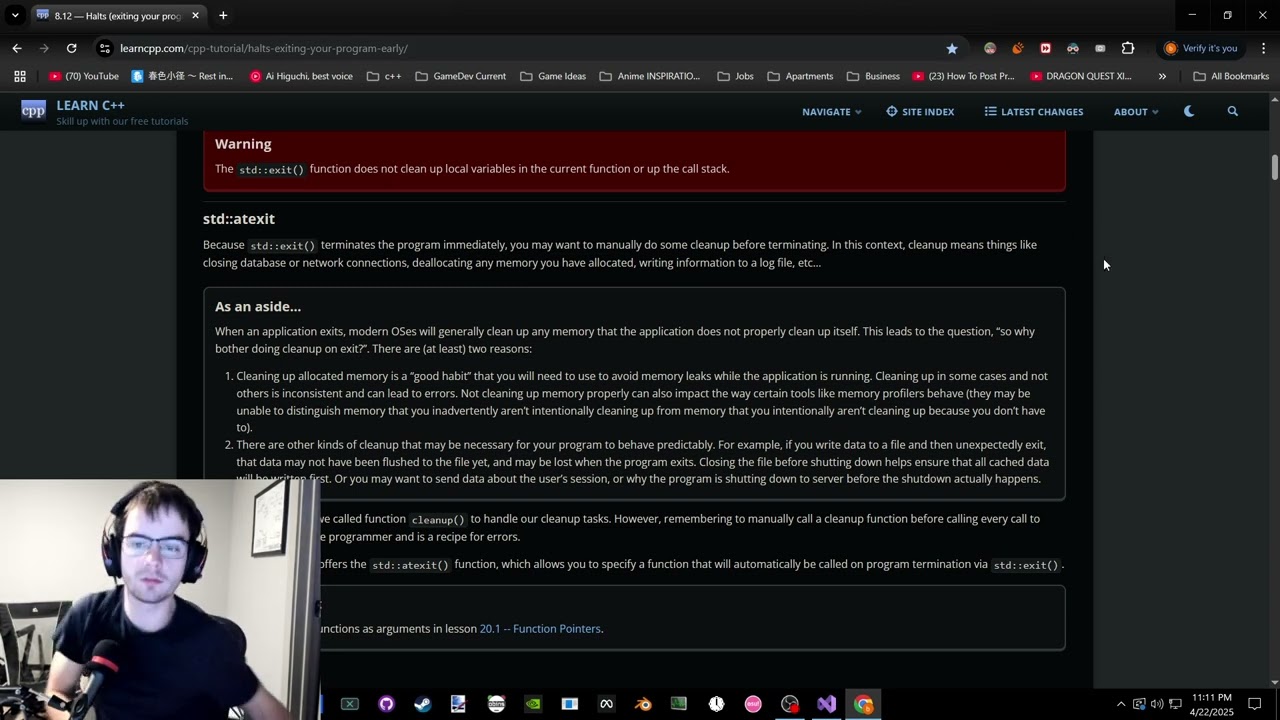 raw c++ learning, more halts and std exit